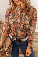 Printed Ruffled Three-Quarter Sleeve Top Blouses - Tophatter Daily Deals