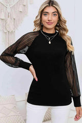 Round Neck Semi-Sheer Sleeve Blouse Black Blouses - Tophatter Daily Deals