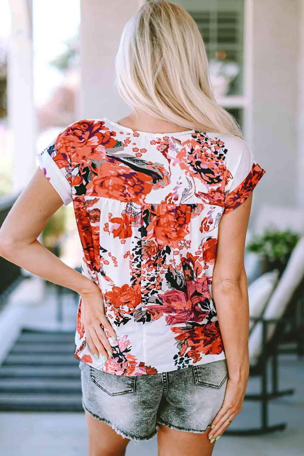 Floral Round Neck Short Sleeve Top Blouses - Tophatter Daily Deals