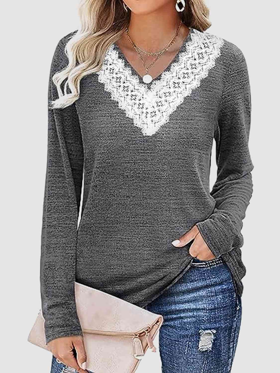 Lace Detail V-Neck Long Sleeve Top Charcoal Women's T-Shirts - Tophatter Daily Deals