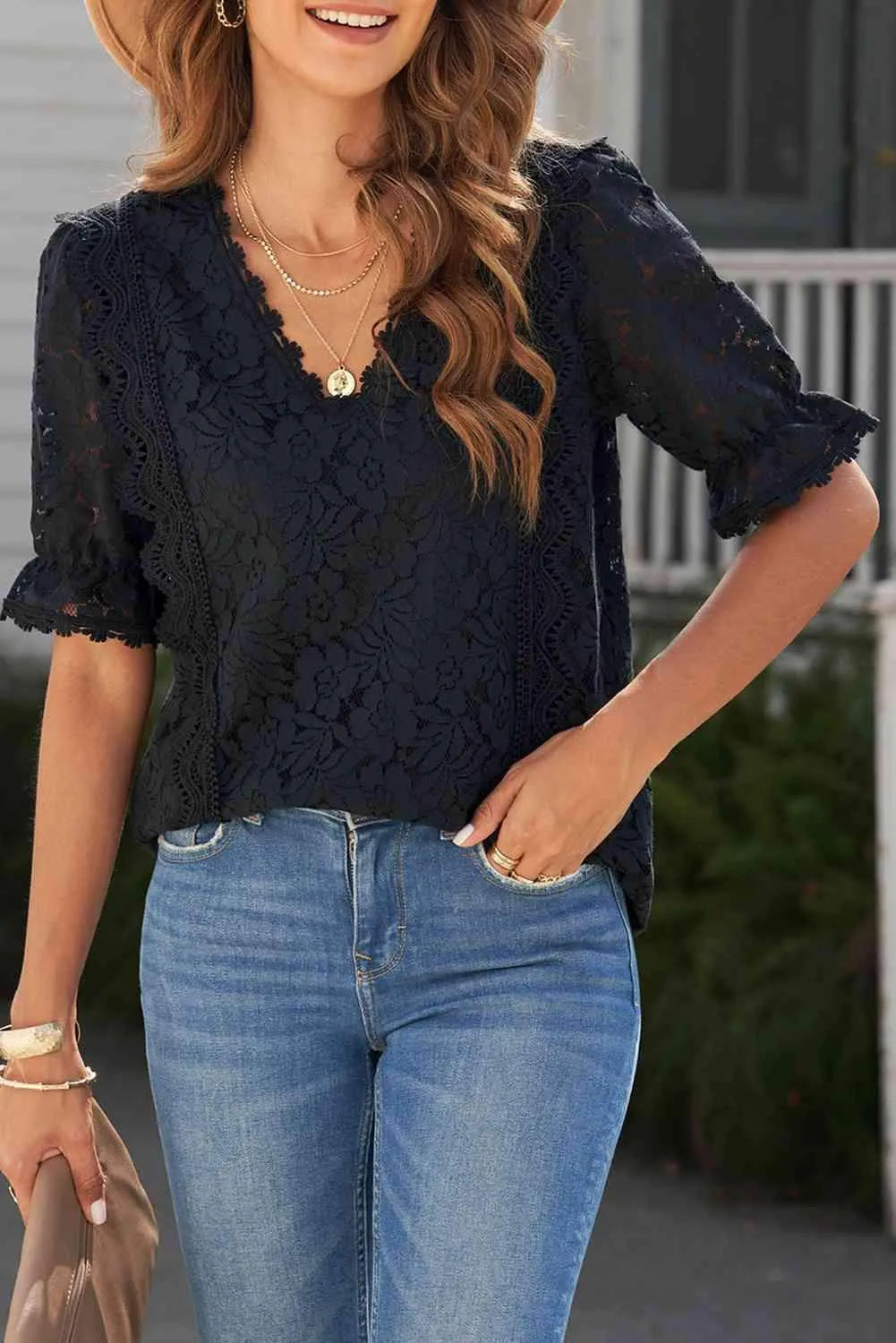 Lace V-Neck Flounce Sleeve Top Black Blouses - Tophatter Daily Deals