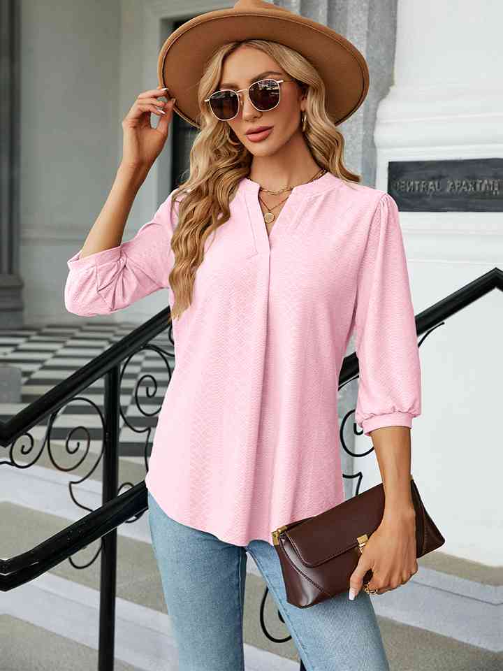 Notched Neck Three-Quarter Sleeve Blouse Women's T-Shirts - Tophatter Daily Deals