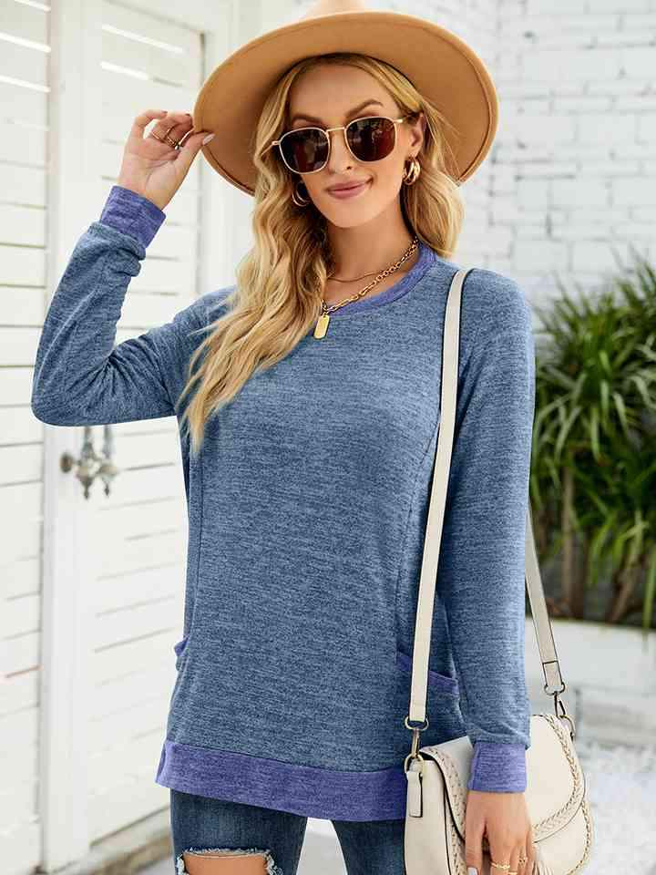 Round Neck Long Sleeve Blouse Dusty Blue Blouses - Tophatter Daily Deals