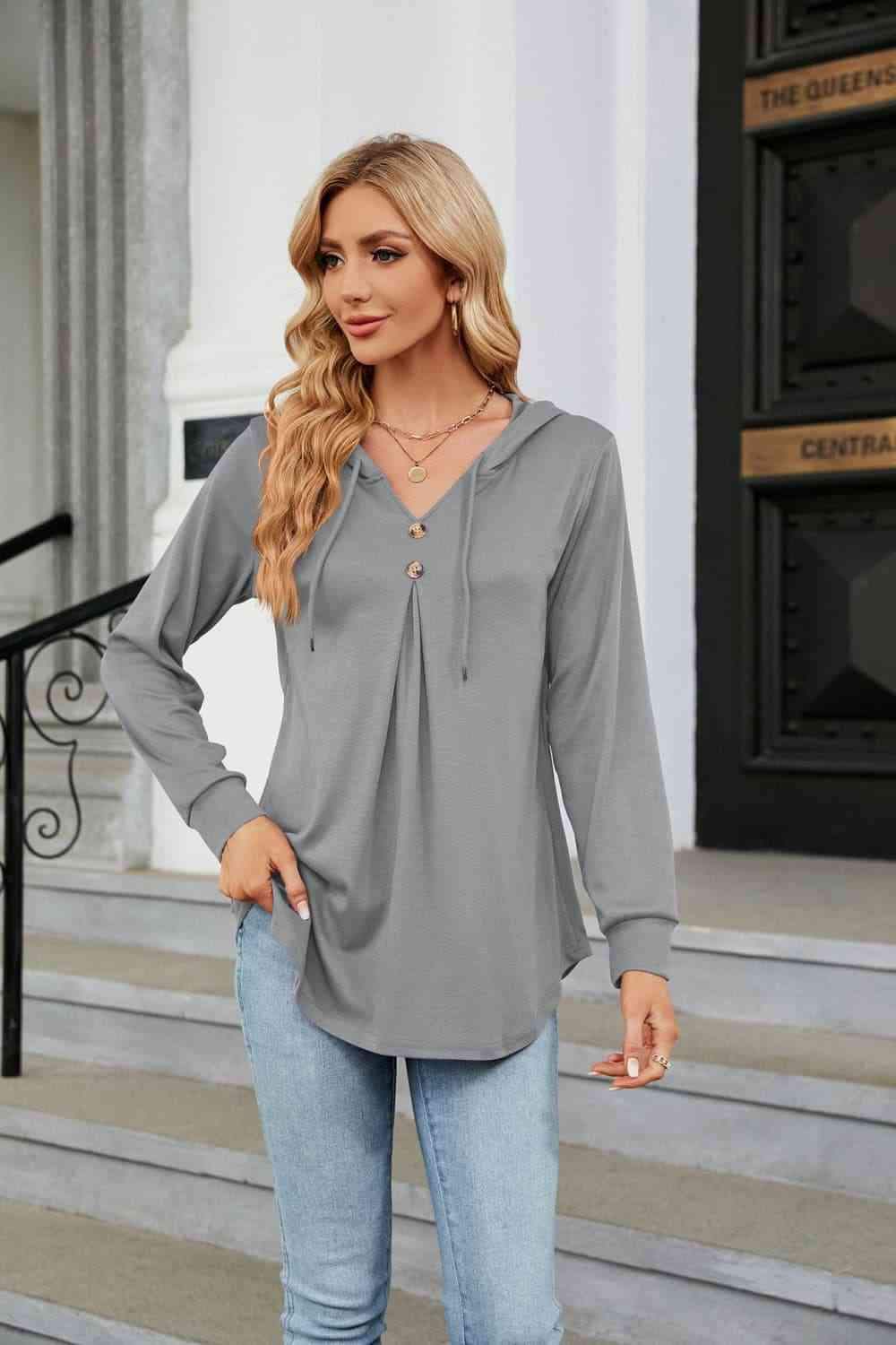 Long Sleeve Hooded Blouse Light Gray Blouses - Tophatter Daily Deals