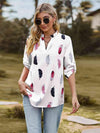 Printed Roll-Tab Sleeve Notched Neck Blouse Blouses - Tophatter Daily Deals