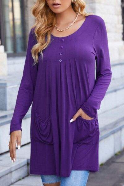 Ruched Pocketed Decorative Button Round Neck T-Shirt Purple Women's T-Shirts - Tophatter Daily Deals