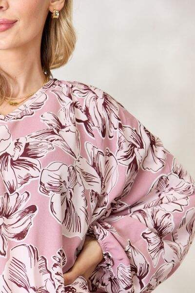 Heimish Full Size Floral V-Neck Balloon Sleeve Blouse Blouses - Tophatter Daily Deals