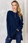 Basic Bae Full Size Ribbed Half Button Long Sleeve High-Low T-Shirt Peacock Blue Women's T-Shirts - Tophatter Daily Deals