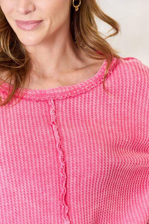 Zenana Washed Waffle-Knit Long Sleeve Top Blouses - Tophatter Daily Deals