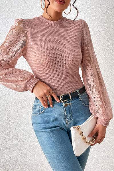 Floral Lace Detail Lantern Sleeve Blouse Blouses - Tophatter Daily Deals