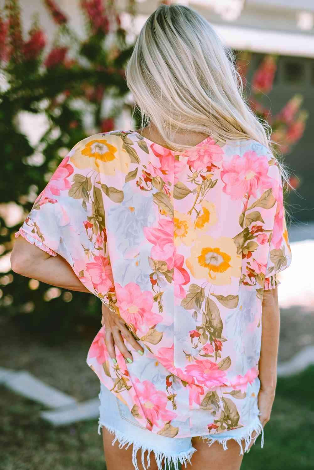 Floral Round Neck Three-Quarter Sleeve Top Blouses - Tophatter Daily Deals