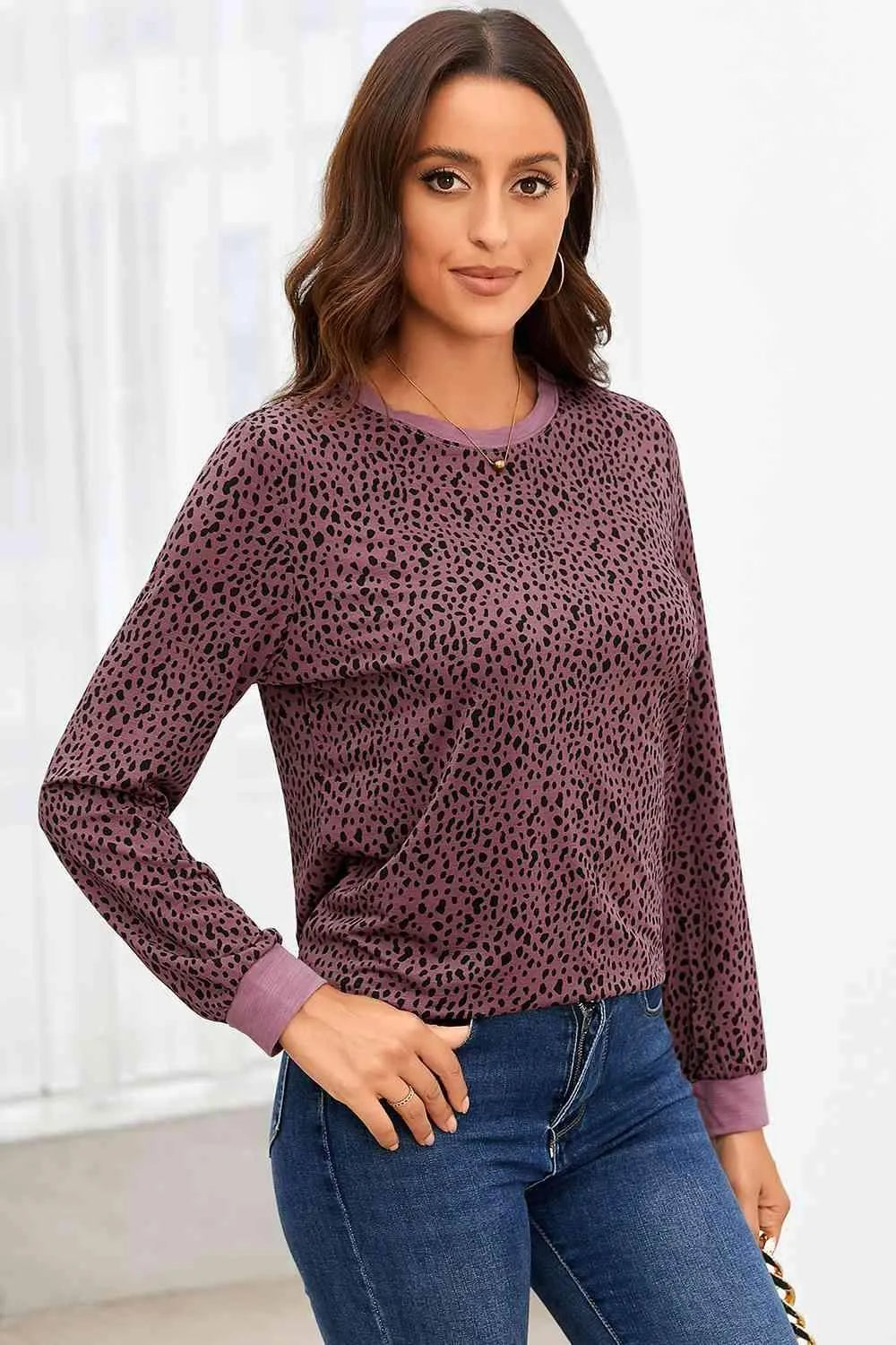Full Size Printed Round Neck Long Sleeve T-Shirt Women's T-Shirts - Tophatter Daily Deals