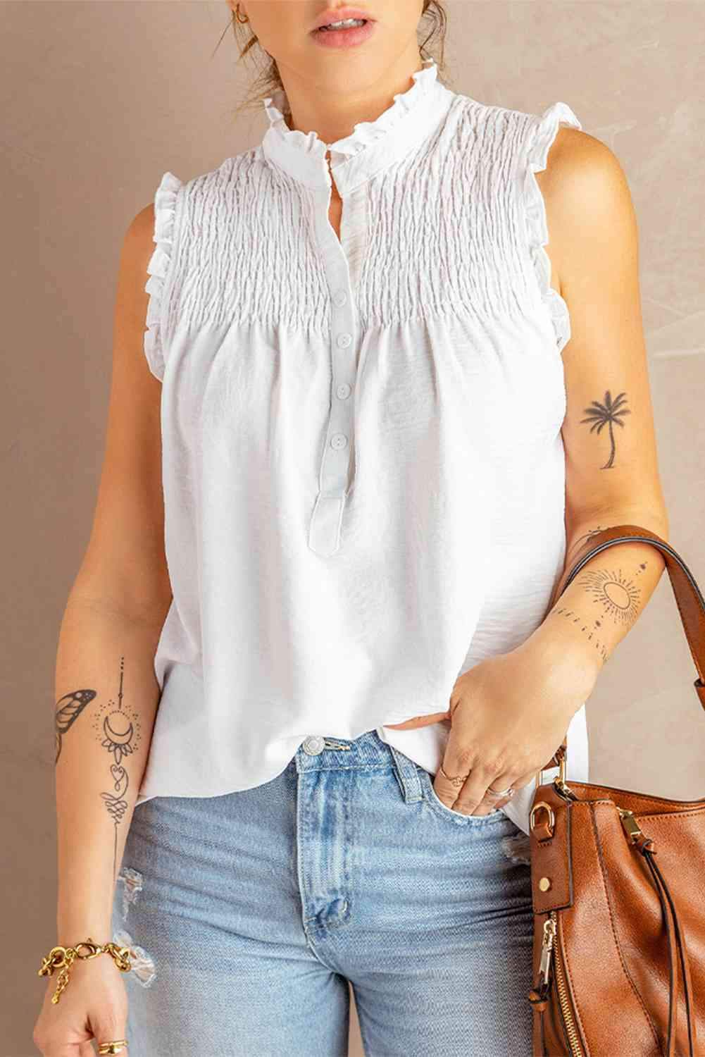 Buttoned Frill Trim Smocked Sleeveless Blouse White Blouses - Tophatter Daily Deals