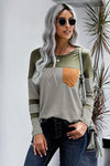 Pocketed Striped Round Neck T-Shirt Sage Women's T-Shirts - Tophatter Daily Deals