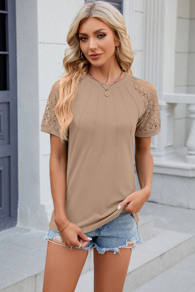 Openwork Round Neck Short Sleeve T-Shirt Women's T-Shirts - Tophatter Daily Deals