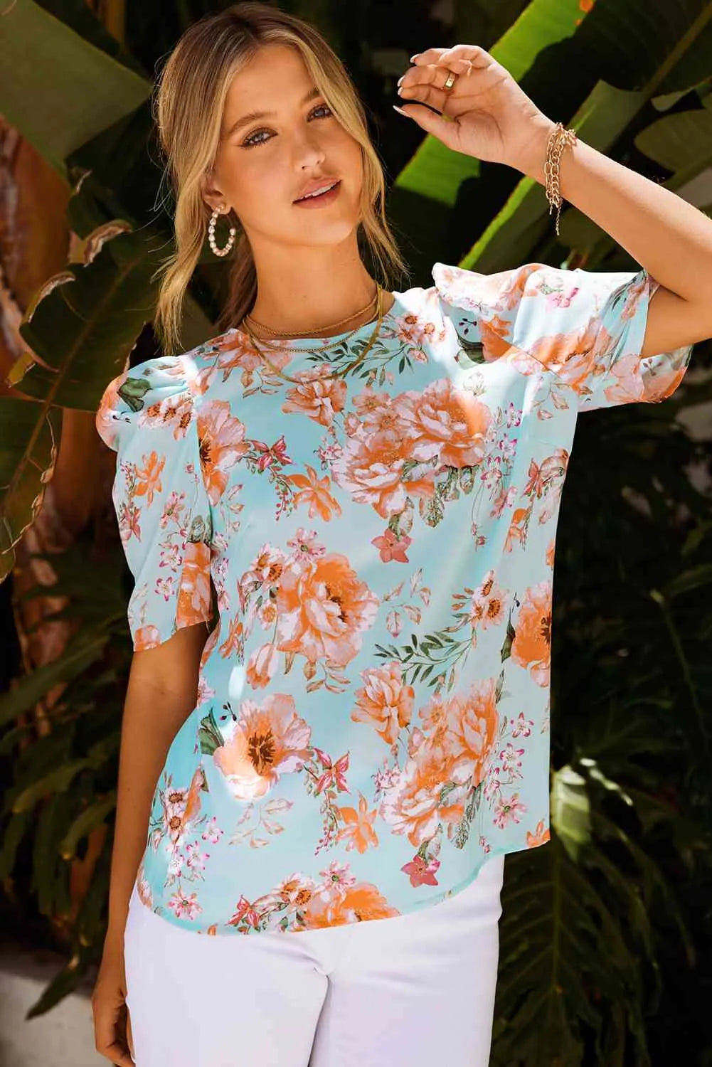 Summer Lover Floral Puff Sleeve Round Neck Blouse Blouses - Tophatter Daily Deals