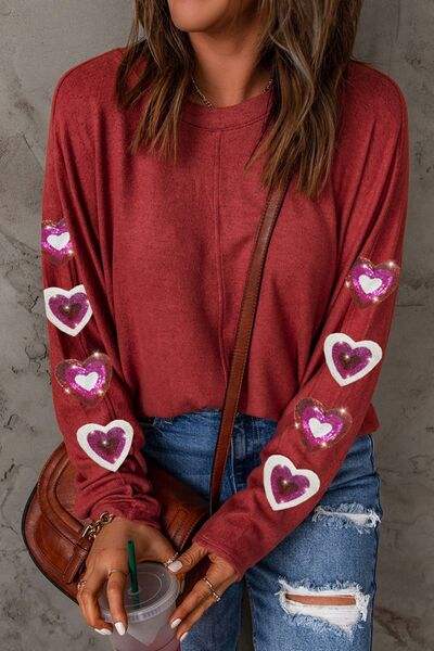 Heart Sequin Round Neck Long Sleeve T-Shirt Women's T-Shirts - Tophatter Daily Deals