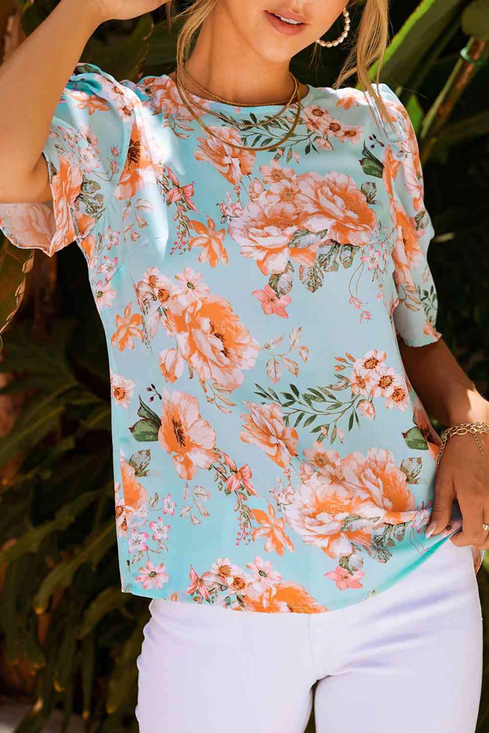 Summer Lover Floral Puff Sleeve Round Neck Blouse Blouses - Tophatter Daily Deals