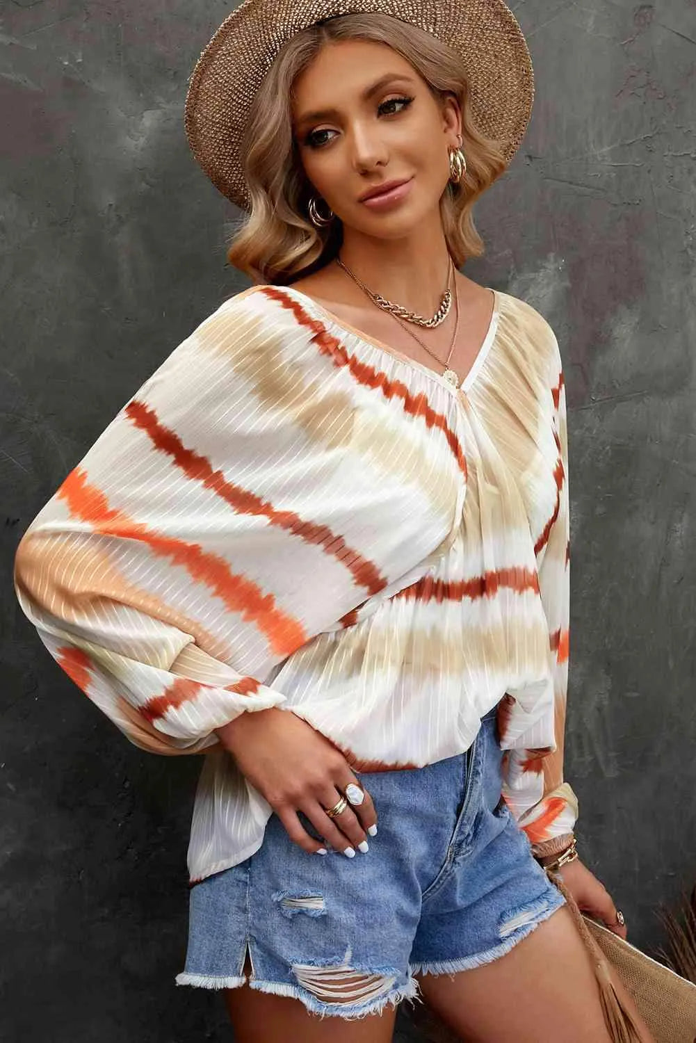 Striped Balloon Sleeve V-Neck Babydoll Blouse Blouses - Tophatter Daily Deals