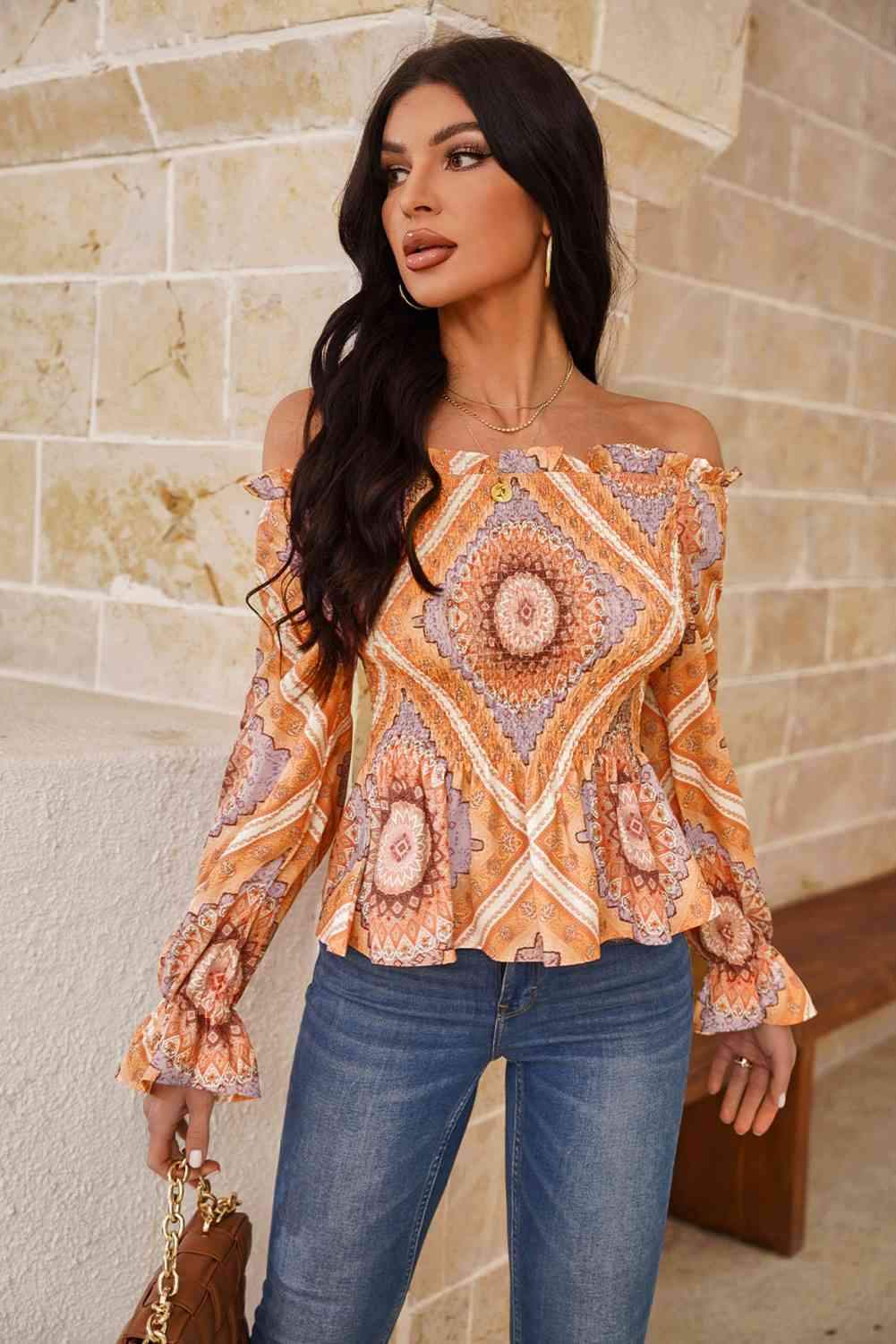 Printed Off-Shoulder Smocked Flounce Sleeve Blouse Orange Blouses - Tophatter Daily Deals