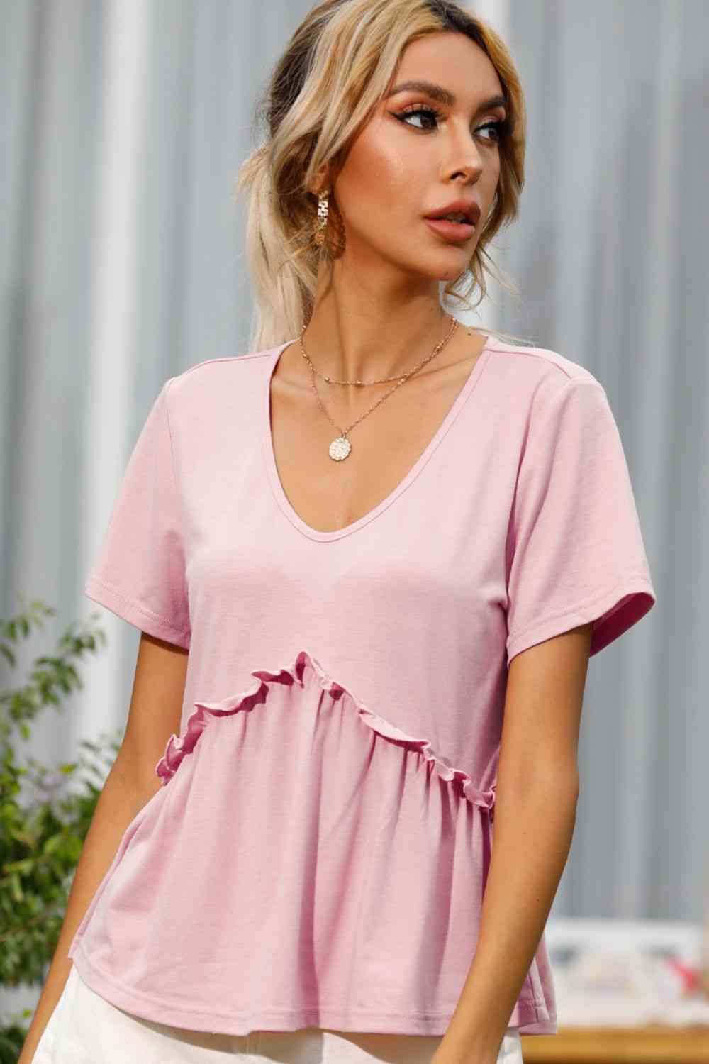 Frill Trim Short Sleeve Tee Women's T-Shirts - Tophatter Daily Deals