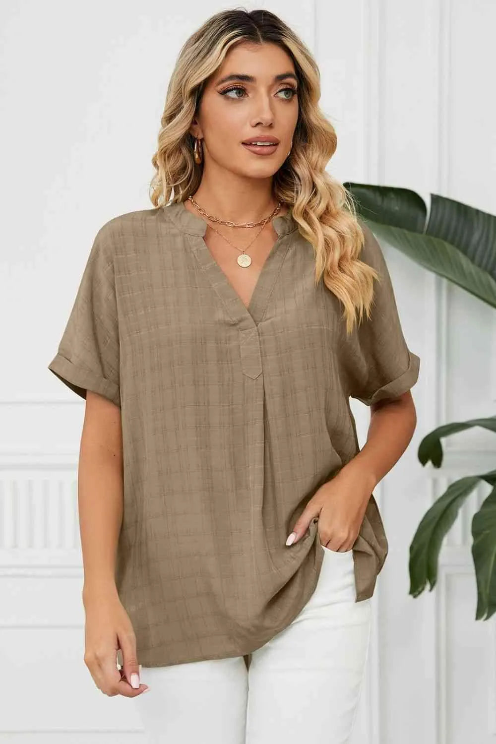 Side Slit Notched Neck Cuffed Short Sleeve Blouse Blouses - Tophatter Daily Deals