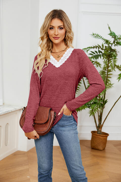 Lace Detailed V Neck Top Wine Women's T-Shirts - Tophatter Daily Deals