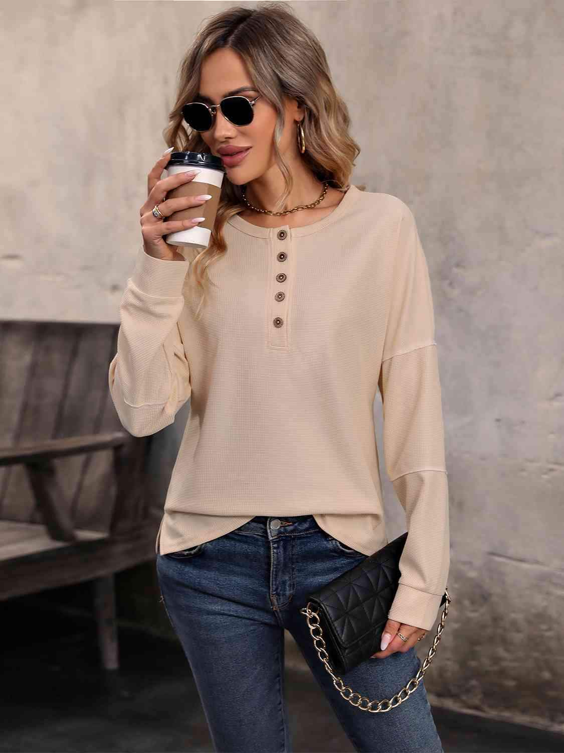 Round Neck Buttoned Slit Long Sleeve Top Women's T-Shirts - Tophatter Daily Deals