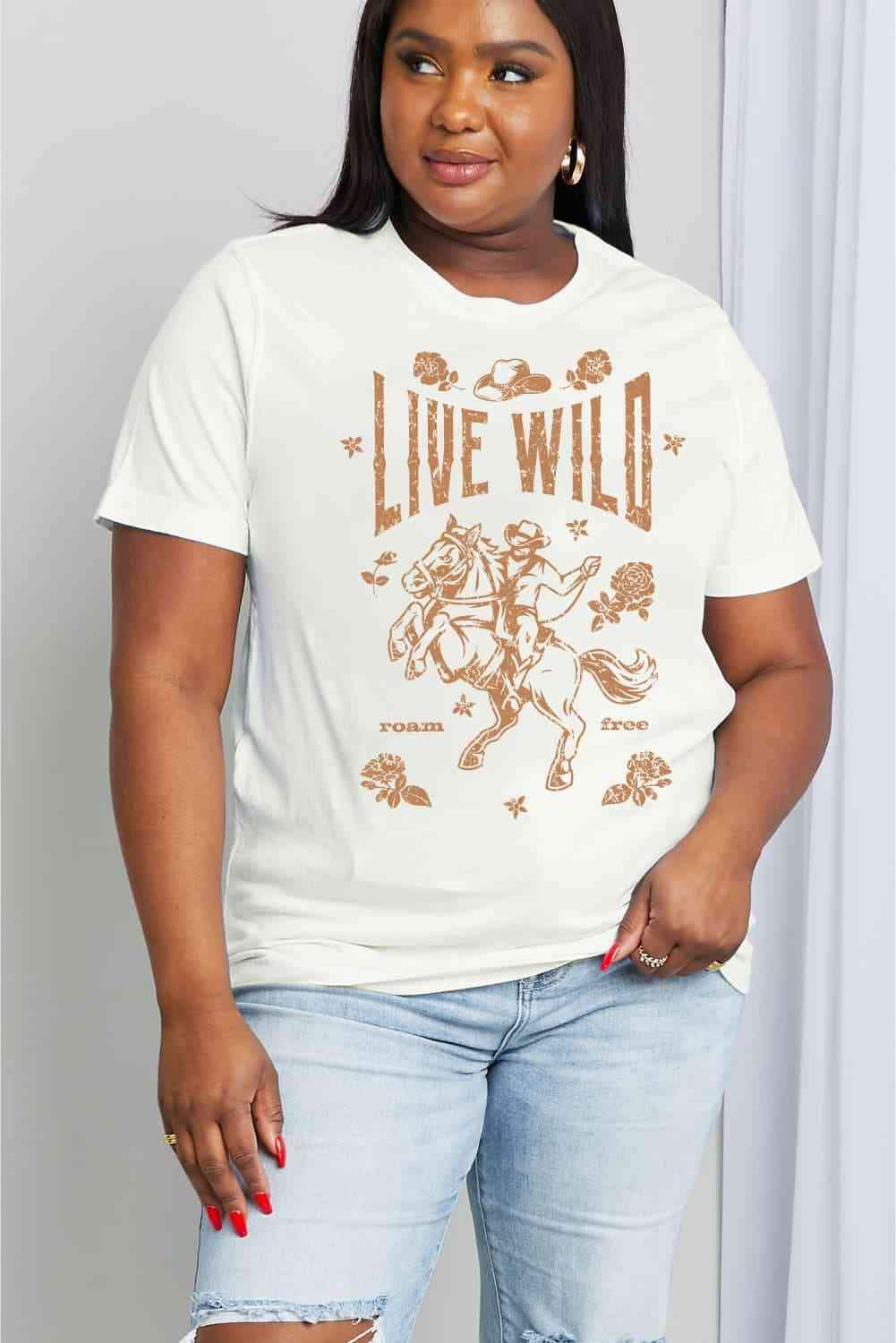 Simply Love Simply Love Full Size LIVE WILD ROAM FREE Graphic Cotton Tee Bleach - Tophatter Daily Deals