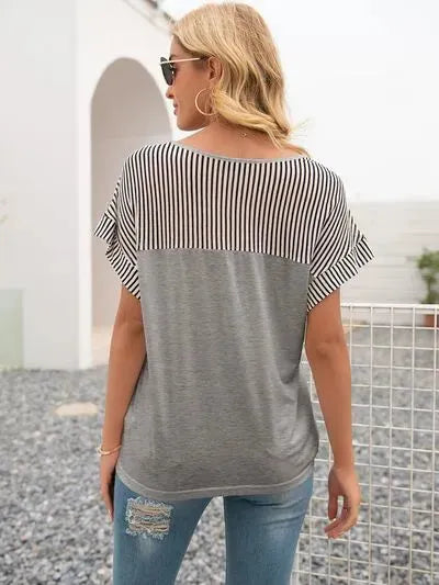Striped V-Neck Short Sleeve T-Shirt Women's T-Shirts - Tophatter Daily Deals