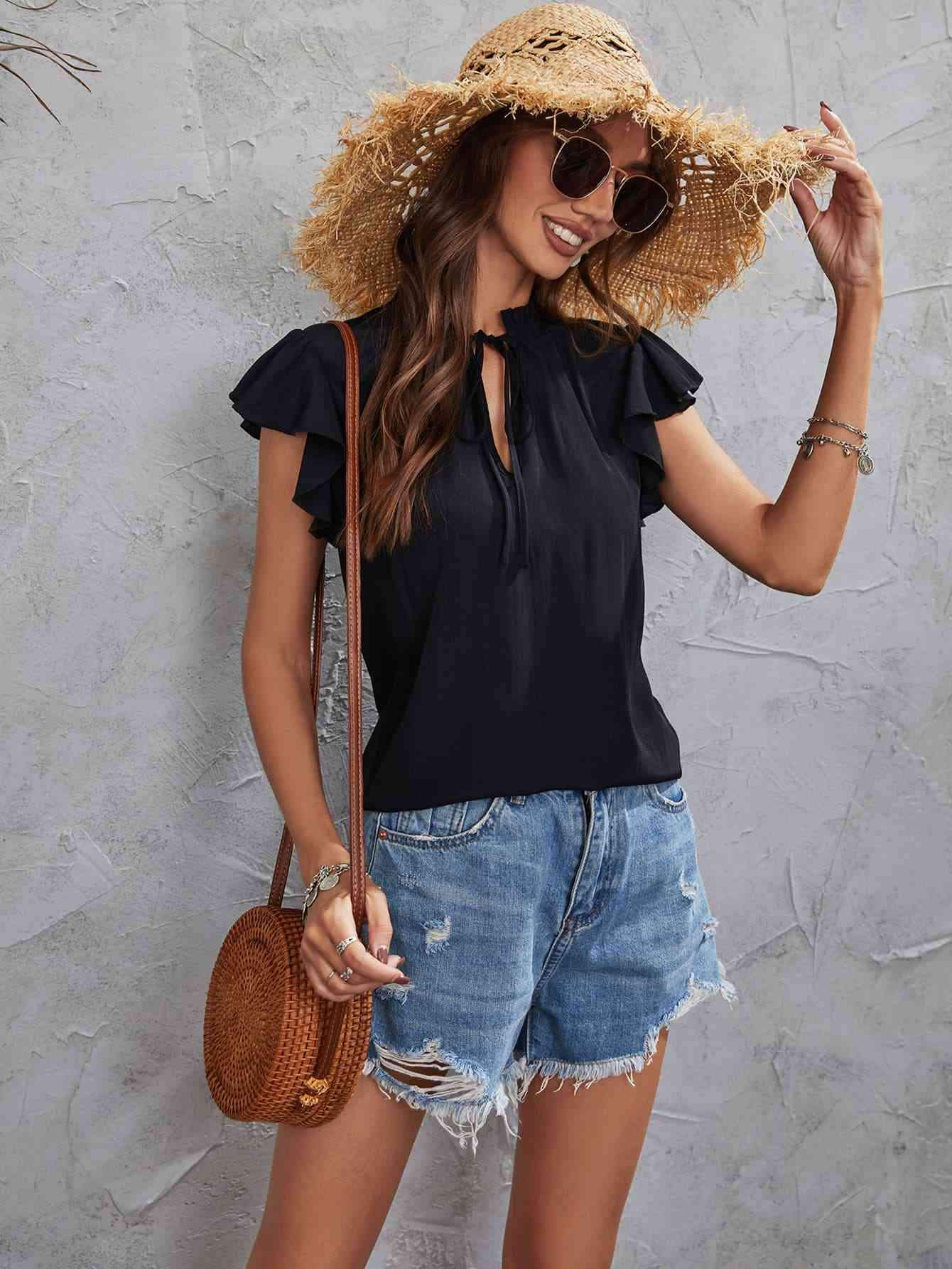 Tie Neck Flutter Sleeve Top Blouses - Tophatter Daily Deals