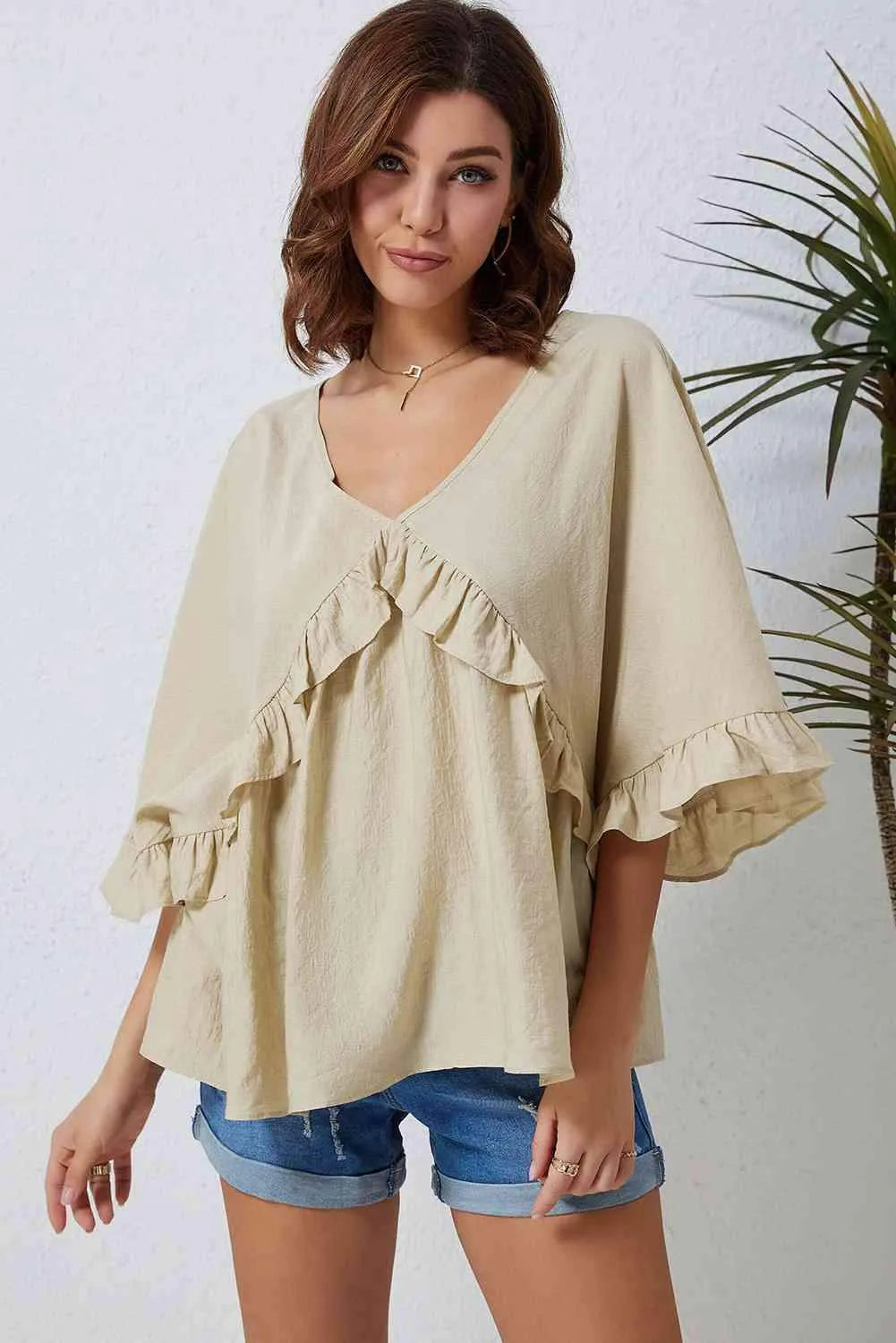 Double Take Ruffled V-Neck Half Sleeve Blouse Beige Blouses - Tophatter Daily Deals