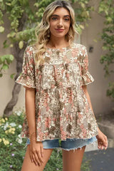 Floral Round Neck Short Sleeve T-Shirt Taupe Women's T-Shirts - Tophatter Daily Deals
