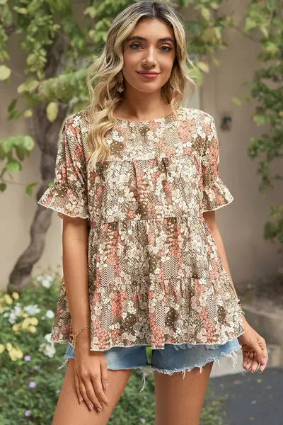 Floral Round Neck Short Sleeve T-Shirt Taupe Women's T-Shirts - Tophatter Daily Deals