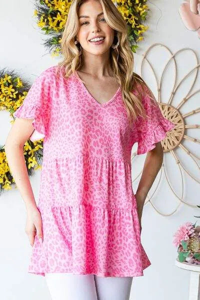 Heimish Full Size Leopard Ruffle Trim Short Sleeve Top Blouses - Tophatter Daily Deals