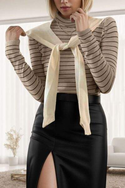 Striped Turtleneck Long Sleeve T-Shirt Khaki One Size Women's T-Shirts - Tophatter Daily Deals