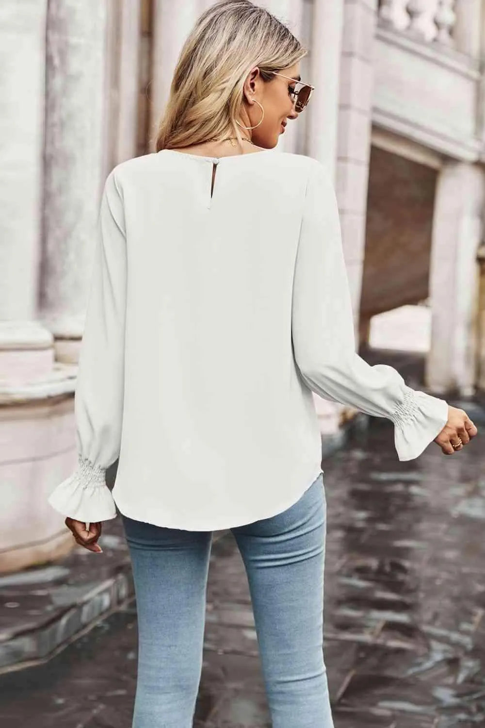 Round Neck Long Flounce Sleeve Blouse Blouses - Tophatter Daily Deals
