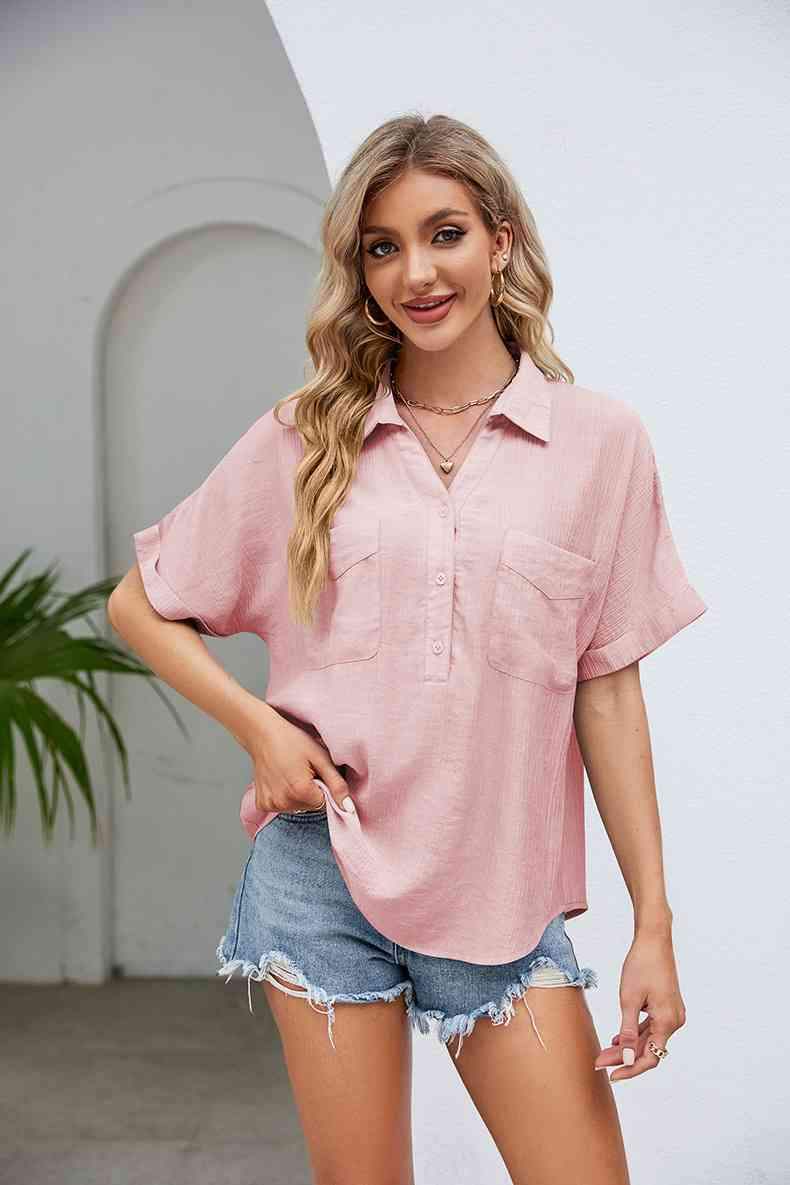 Half Button Johnny Collar Blouse Blush Pink Blouses - Tophatter Daily Deals