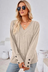 V-Neck Dropped Shoulder T-Shirt Cream Women's T-Shirts - Tophatter Daily Deals