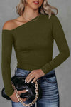 Asymmetrical Neck Long Sleeve Top Army Green Blouses - Tophatter Daily Deals