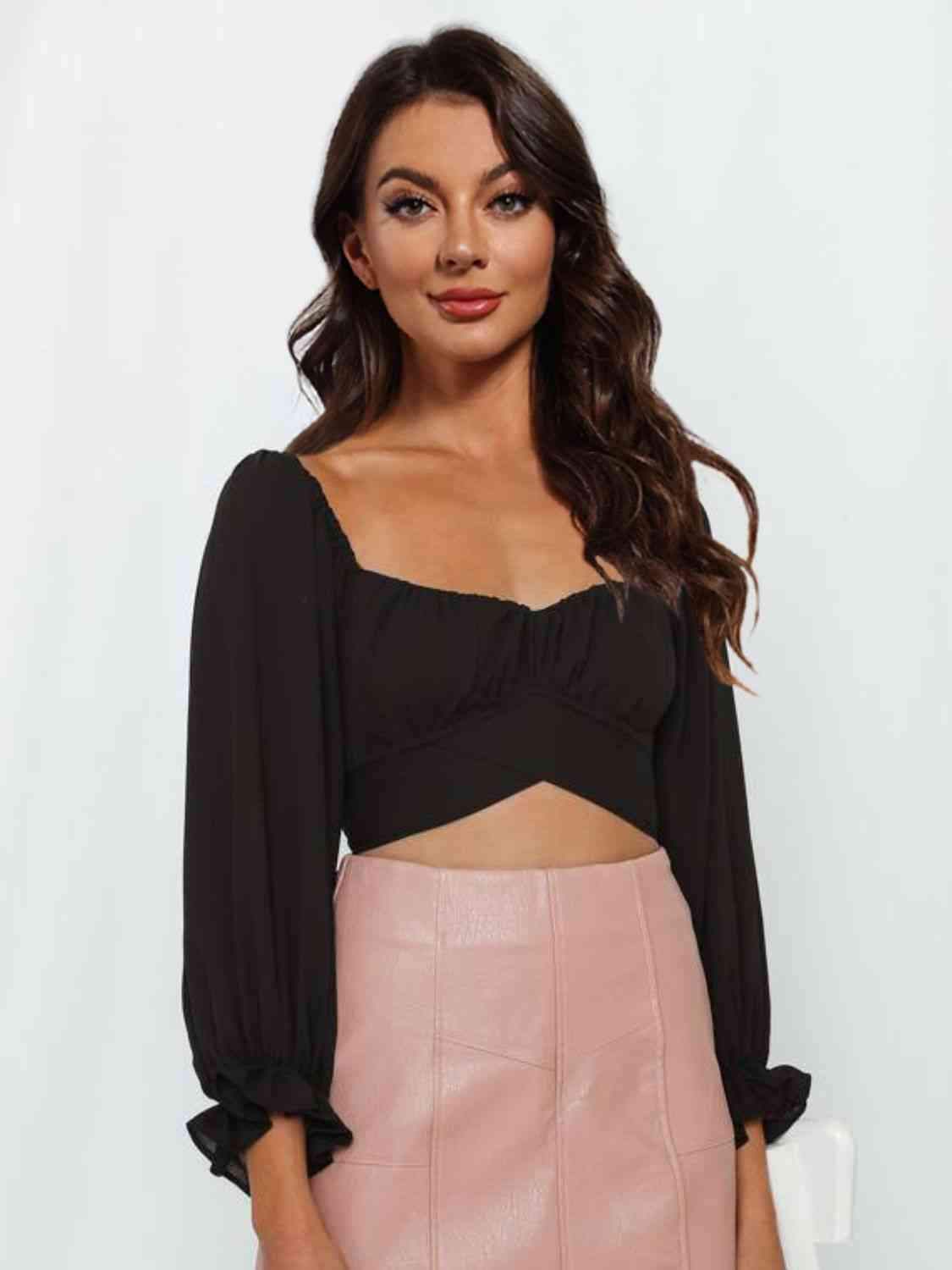 Flounce Sleeve Tie Back Blouse Black Blouses - Tophatter Daily Deals