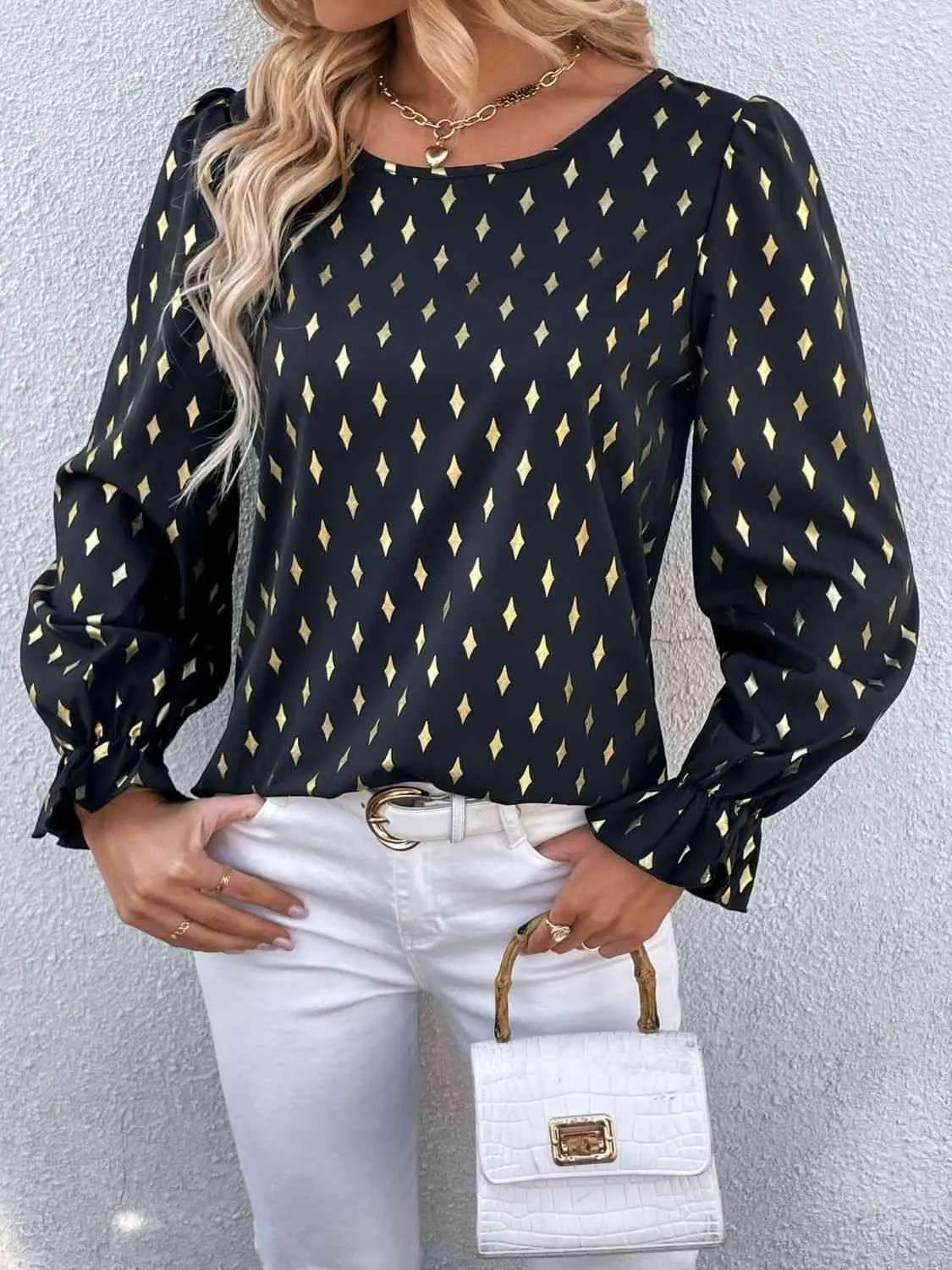 Double Take Printed Round Neck Flounce Sleeve Blouse Blouses - Tophatter Daily Deals