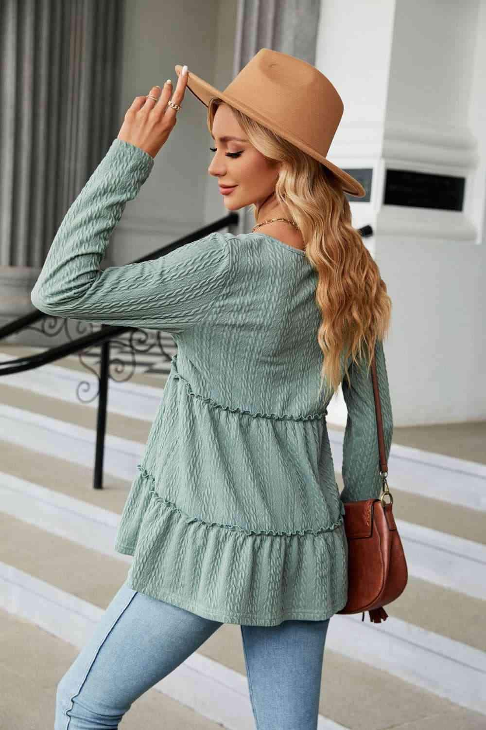 Long Sleeve V-Neck Cable-Knit Blouse Blouses - Tophatter Daily Deals