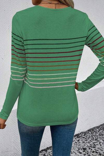 Striped Round Neck Long Sleeve T-Shirt Women's T-Shirts - Tophatter Daily Deals