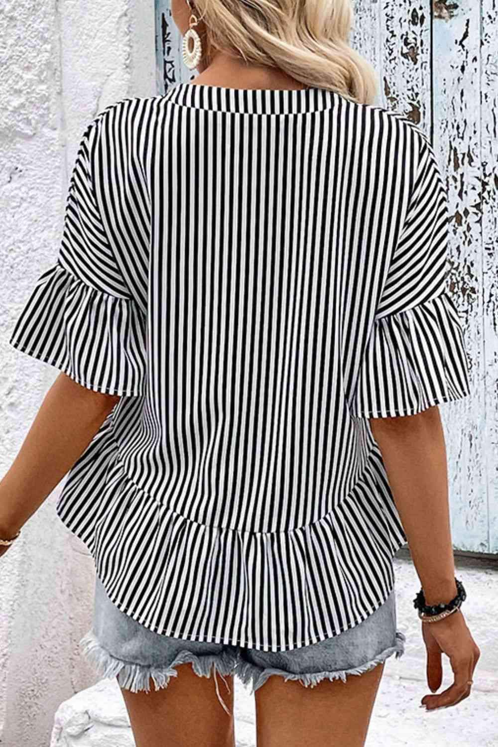 Striped Asymmetrical Flounce Sleeve Blouse Blouses - Tophatter Daily Deals