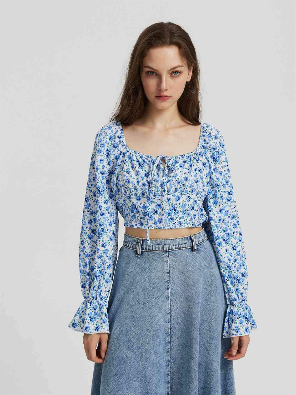 Floral Tie Front Square Neck Flounce Sleeve Blouse Sky Blue Blouses - Tophatter Daily Deals