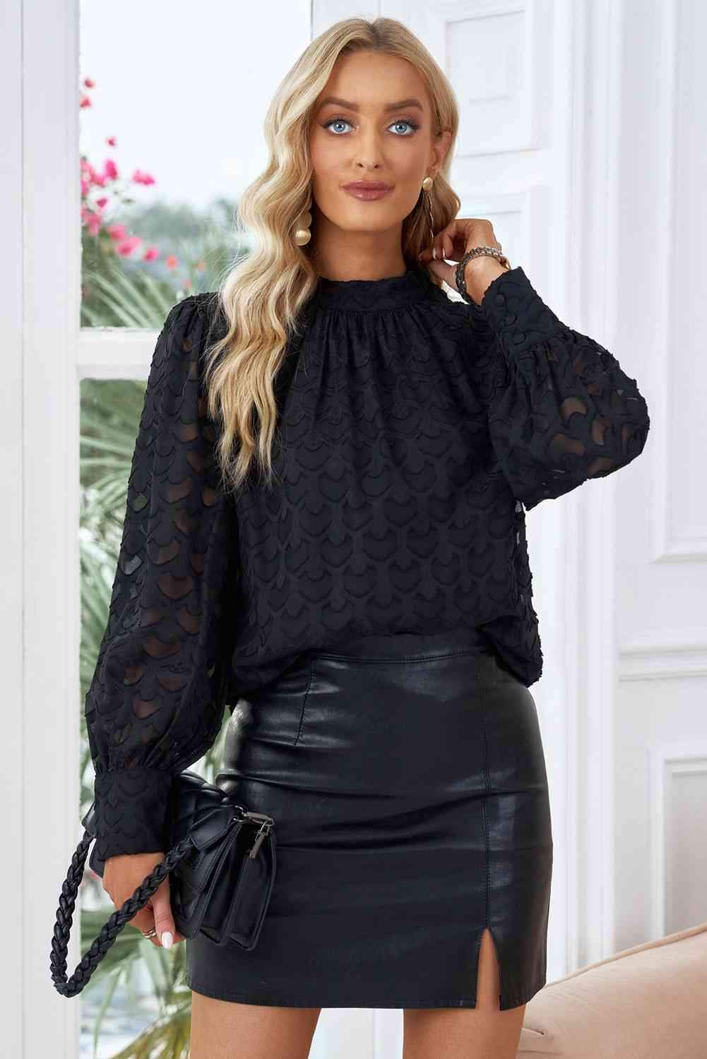 Crewneck Long Puff Sleeve Top Black Blouses - Tophatter Daily Deals