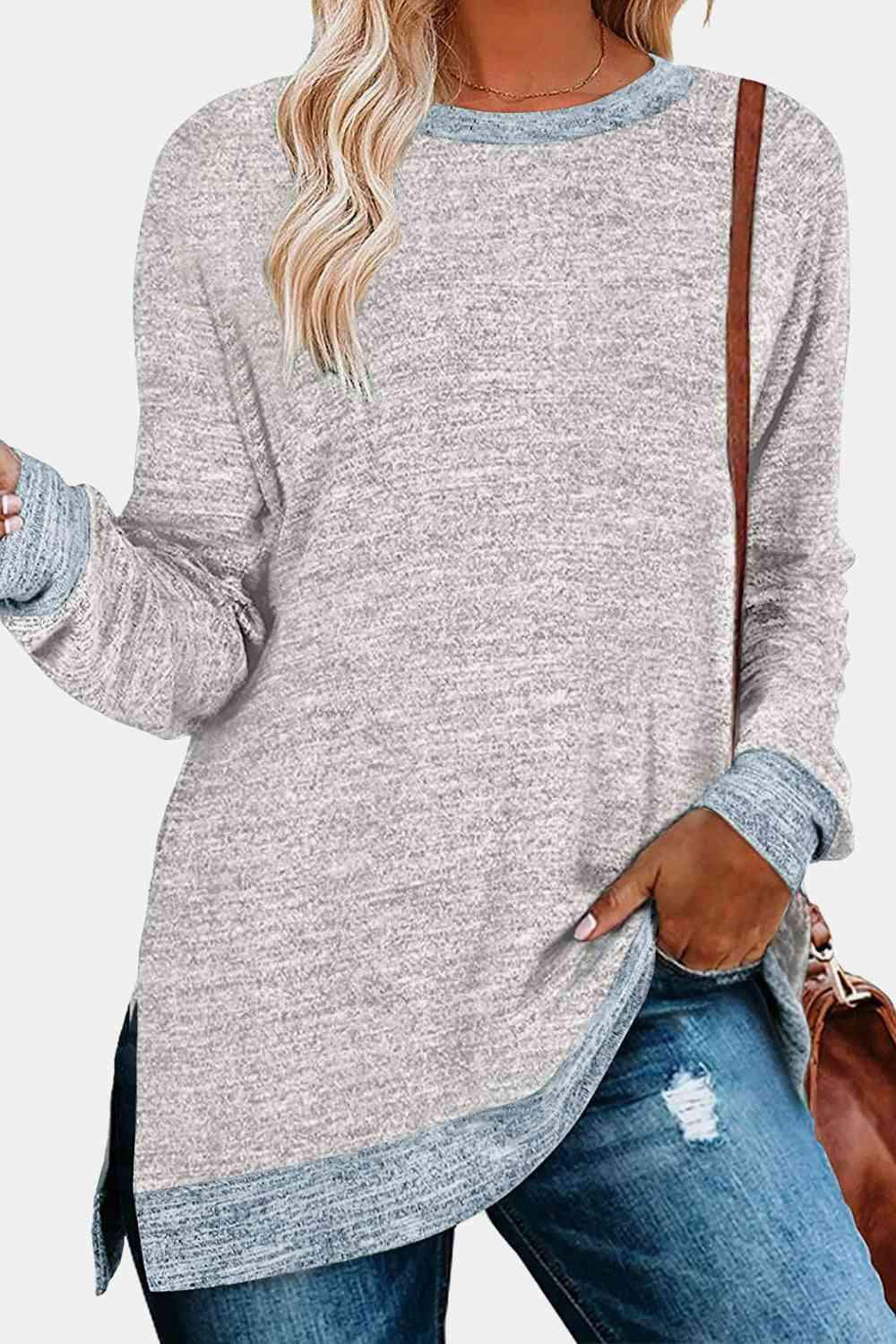 Round Neck Long Sleeve Slit T-Shirt Light Gray Women's T-Shirts - Tophatter Daily Deals