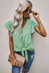 V-Neck Tie Hem Flutter Sleeve Blouse Blouses - Tophatter Daily Deals