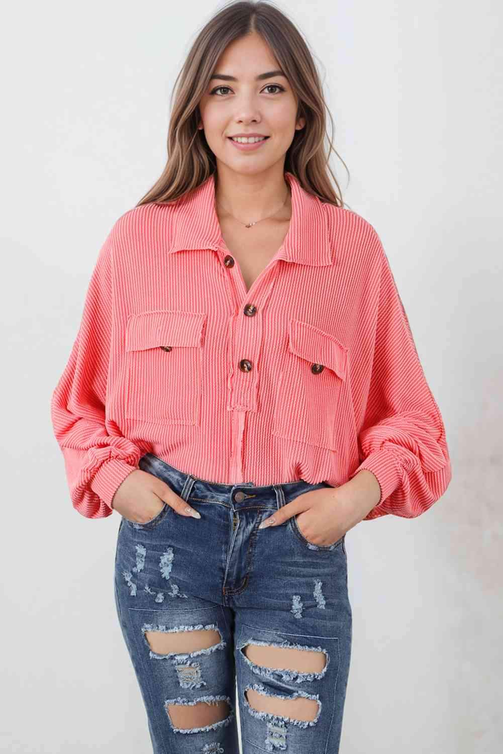 Buttoned Collared Neck Long Sleeve Top Coral Blouses - Tophatter Daily Deals